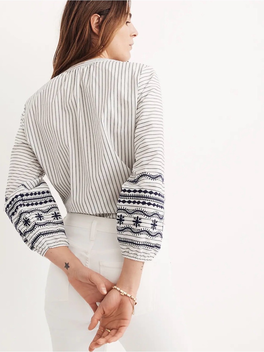 Madewell White Blouse with Navy Embroidered Balloon Sleeves - Picture 2 of 9